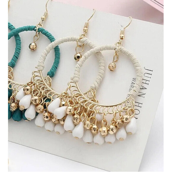 Woven Bohemian Tasseled Earrings In White - Picture 4 of 6